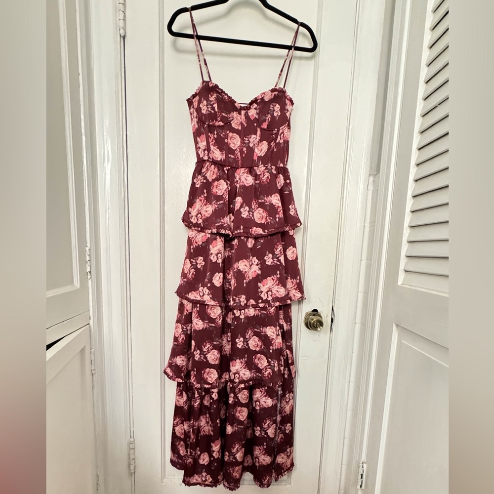 NWT Altar’d State Floral Tiered Maxi Dress Stellini Ruffle Sz Small Wine Corset